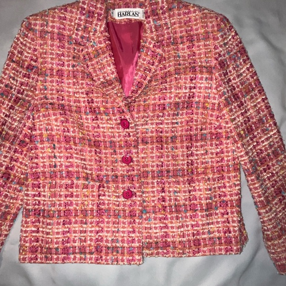 Vintage Harlan Tweed Pink Orange Plaid Blazer Suit Jacket Pink Buttons Size 8 - Picture 4 of 7